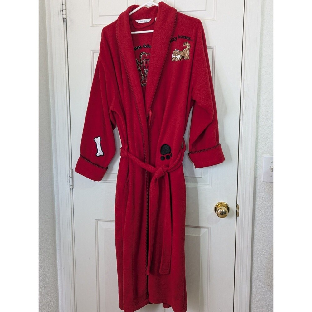 Delicates Fleece Robe Womes Large Red Embroidered Shih-Tzu Dog Lazy Bones Paw